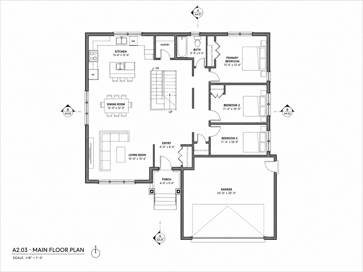 Synthetic residential main-floor plan used to demonstrate traceable permit review